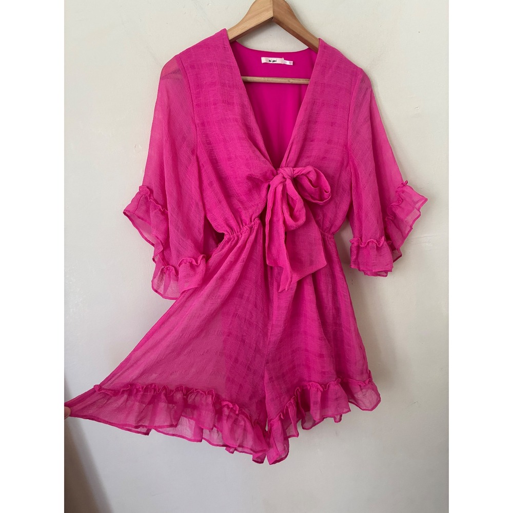 Mi Ami Hot Pink Fairycore Ruffle Tie Front Romper Textured V-Neck Small Femme